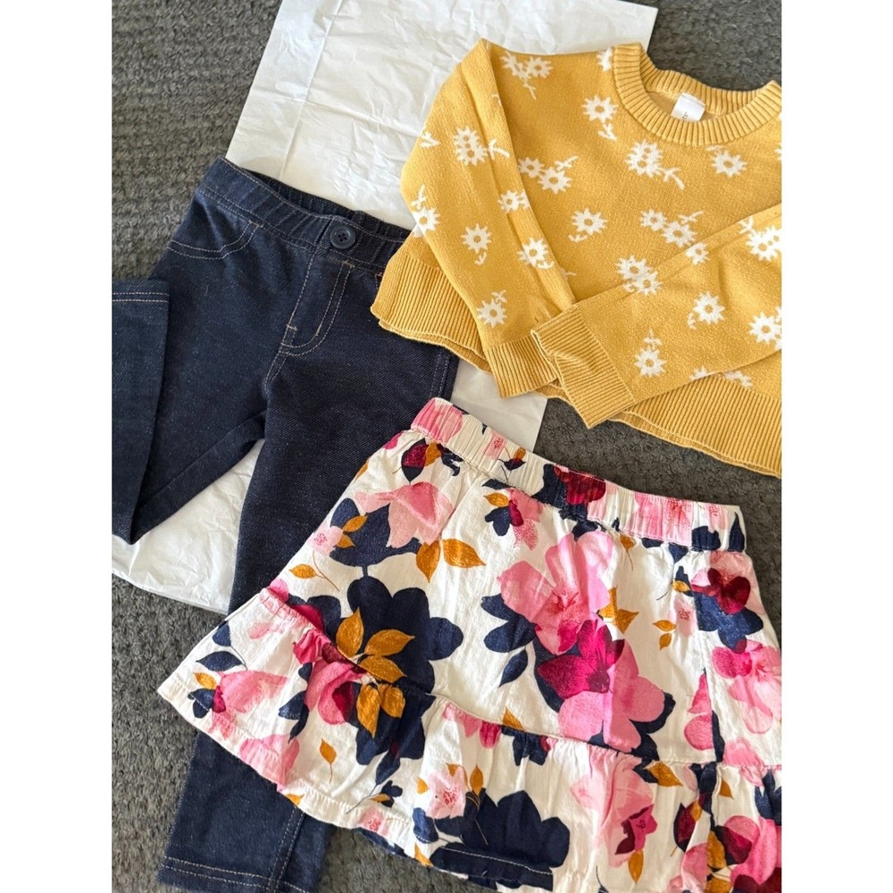 Kids 3t Yellow Daisy Sweater and 2t‎ Floral Skirt Outfit